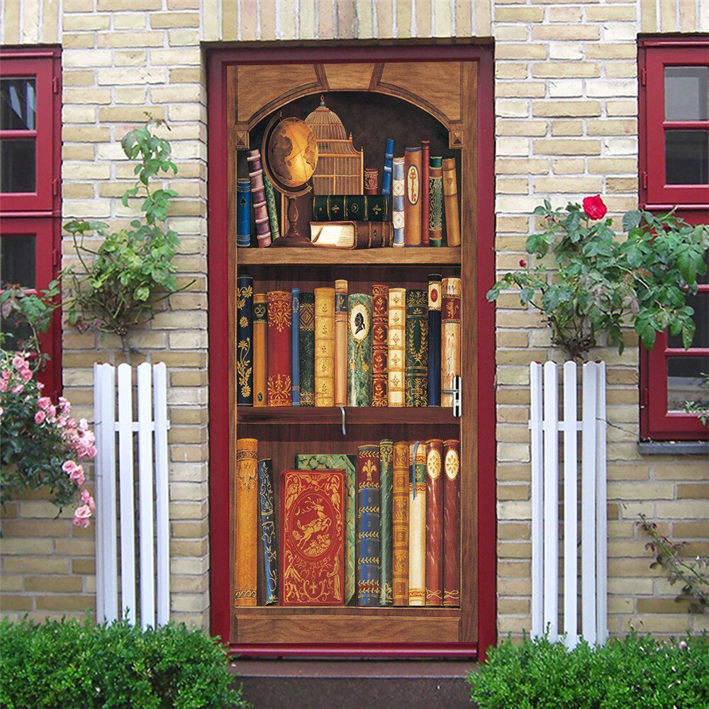 Retro Bookshelf Door Stickers Home Decoration Wall Art Self-Adhesive Bedroom Study Room Decor Door Decals Waterproof 2-Piece Set: B / 95x215cm