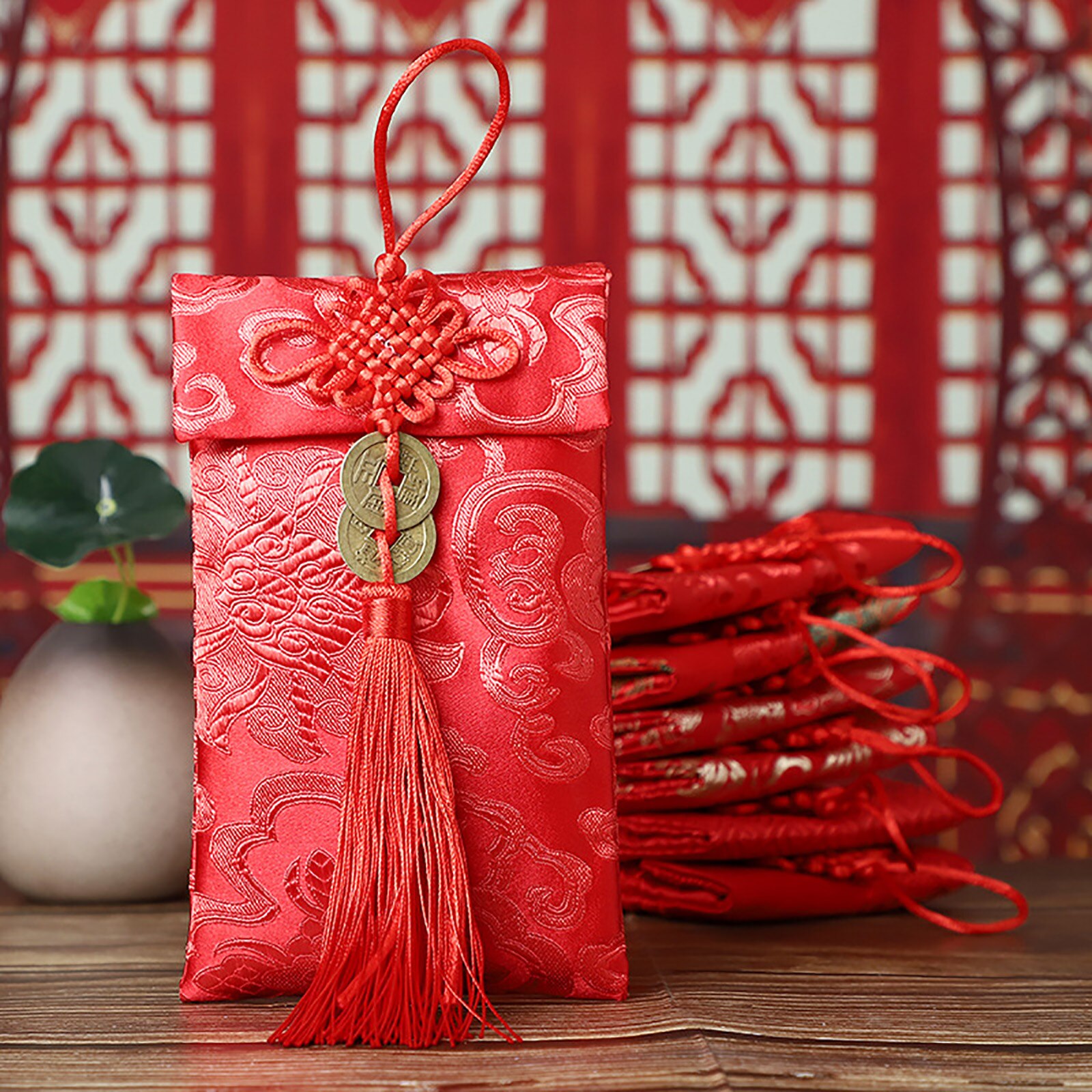 Year Red Envelope Red Celebration Silk 6Pcs/Set Embroidery Pattern Chinese Year Lantern Festival Red Purse