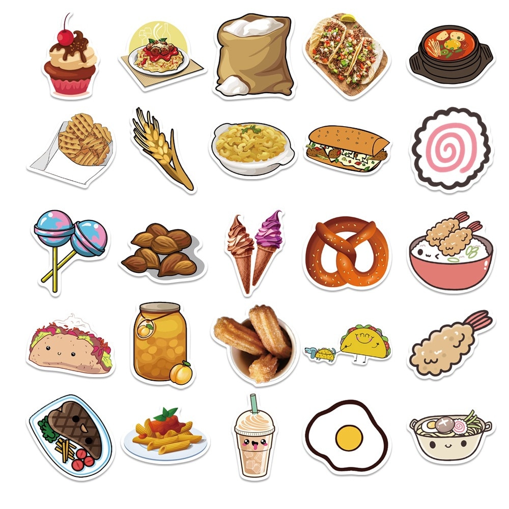 10/30/50Pcs Leuke Voedsel Burger Fries Gourmet Stickers Bagage Laptop Waterdicht Stickers Decoratieve Stickers