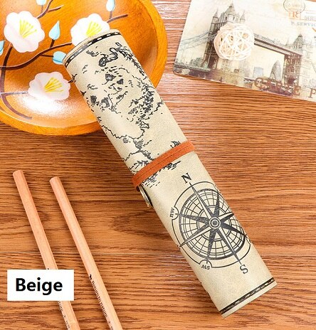 Mariyana etui retro schatkaart etui vintage luxe oprolbaar zakje leren pu etui schrijfwaren: Beige