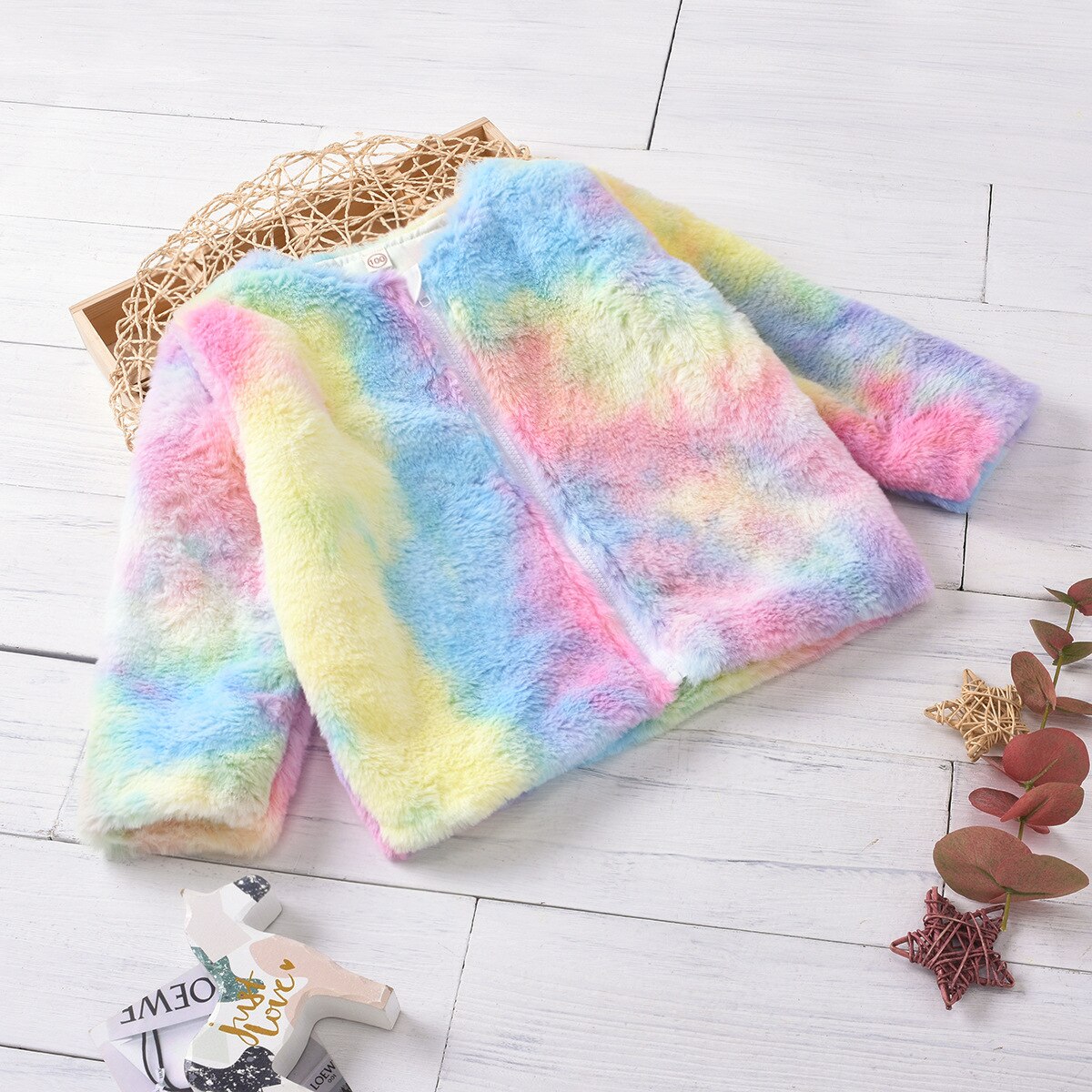 Kids Coral Fleece Jas Winter Warmer Baby Meisje Tie Dye Jassen Zachte Lange Mouw Pluche O Hals Zip Up Bovenkleding dikker Kleding