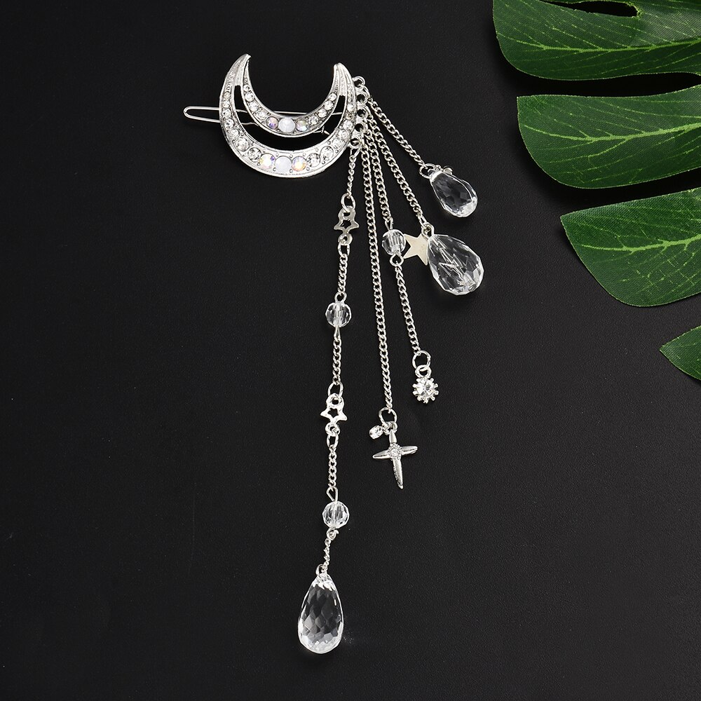 Classic Moon Crystal Rhinestone Beads Dangle Fringe Hair Clip Hair Accessories Women Bridal Jewelry decoration headpiece