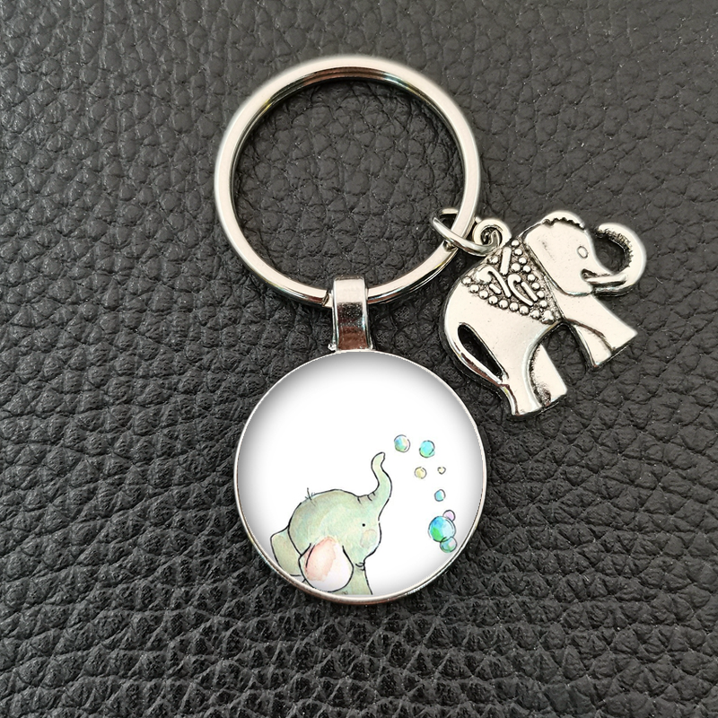 , llavero redondo convexo de cristal con de elefante y elefante bebé hecho a mano, llavero de coche, accesorios de boutique: Multicolor