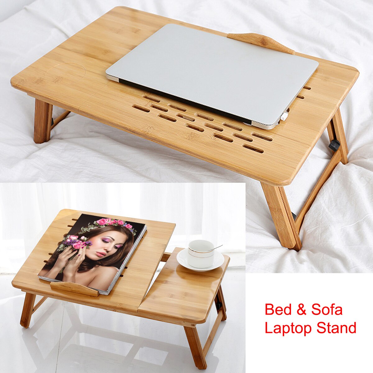 Soporte de escritorio de bambú para ordenador portátil plegable, para desayuno, mesa tipo bandeja para cama, altura ajustable con 4 ángulos, cajón superior inclinable