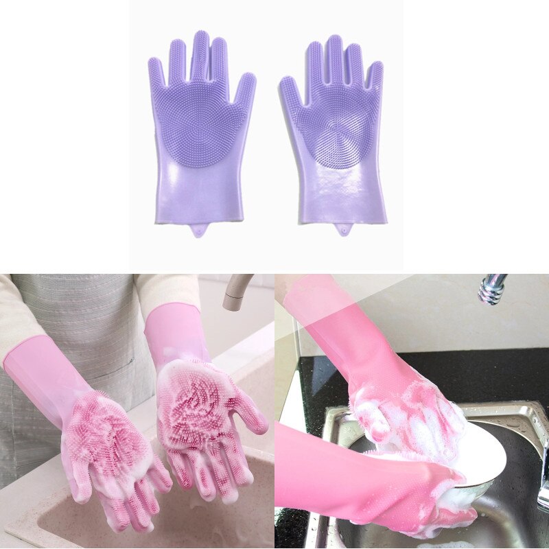 Guantes de limpieza para lavavajillas, guante de esponja de goma de silicona para el hogar, accesorios de cocina, frutas y verduras, Herramientas de limpieza: Purple 1 pair