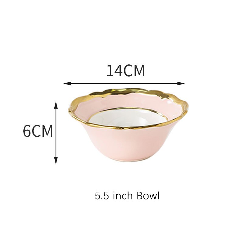 Ceramic Dinner Plate Luxury Gold Inlay Charger Plate Flower Shape Plate Dishes and Bowl Dinnerware Set for Wedding Party Banquet: Pink Bowl