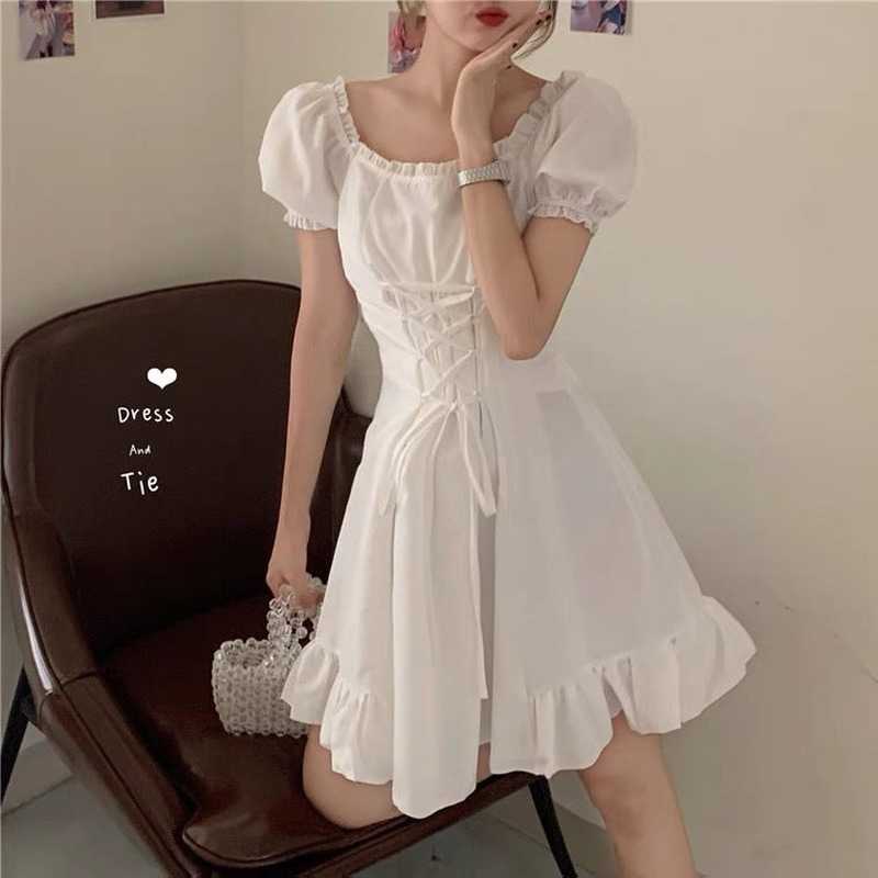 Trendy Streetwear Women Dress A-line Mini Sweet Summer Girls Cool Harajuku Puff Sleeve Empire Simple White Solid Mujer Vestido