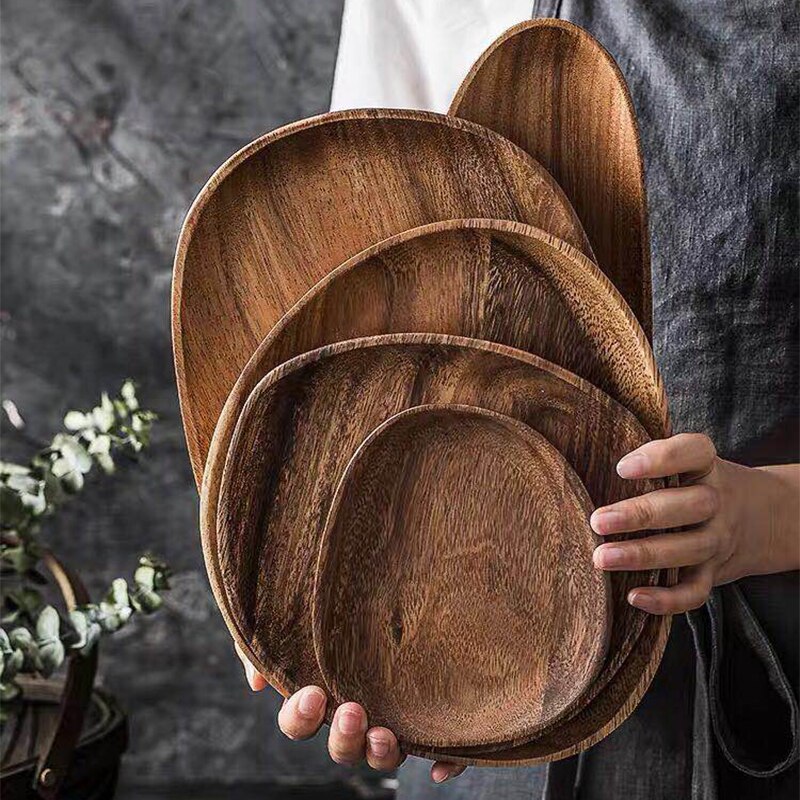 Round Square Wood Plate Breakfast Bread Plate Saucer Tea Tray Dessert Dinner Plate Tableware Whole Wood Fruit Dishes