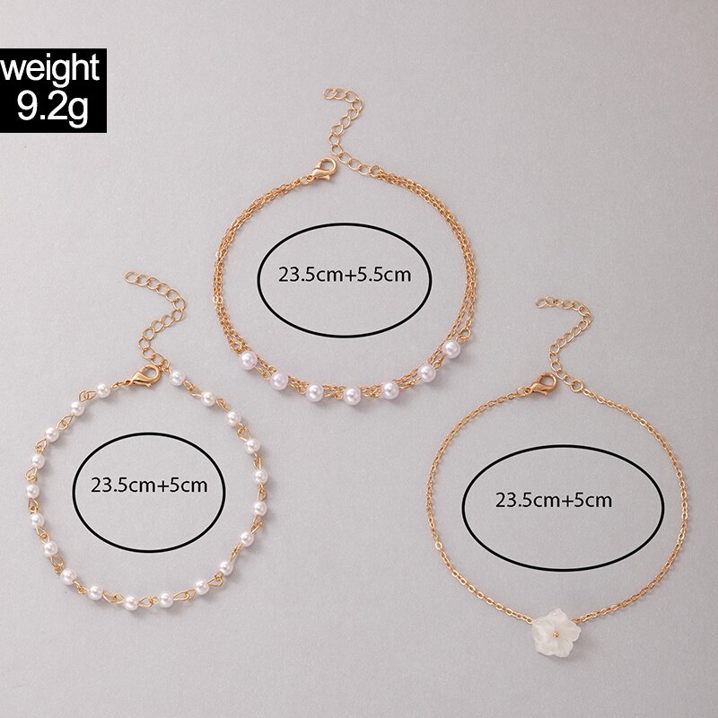 Tocona Mooie Witte Bloemen Enkelband Voor Vrouwen Elegante Parel Steen Kralen Voet Ketting Goud Legering Metalen Sieraden 3 Stks/sets 20850