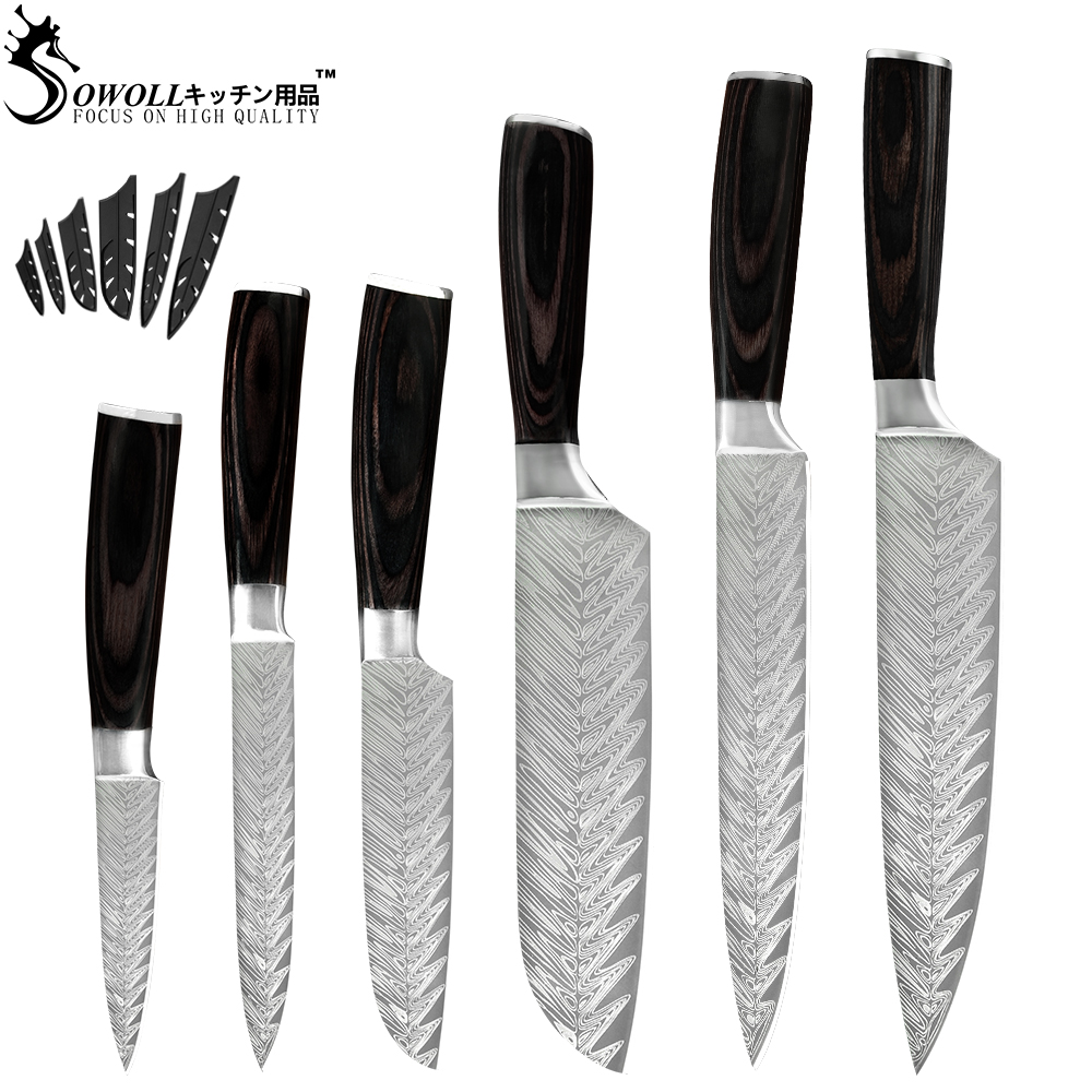 Sowoll Kitchen Stainless Steel Knives Tool Fruit Utility Santoku Chef Slicer Damascus Veins Kitchen Knives Scissor Sharpener Bar: E.6PCS SET