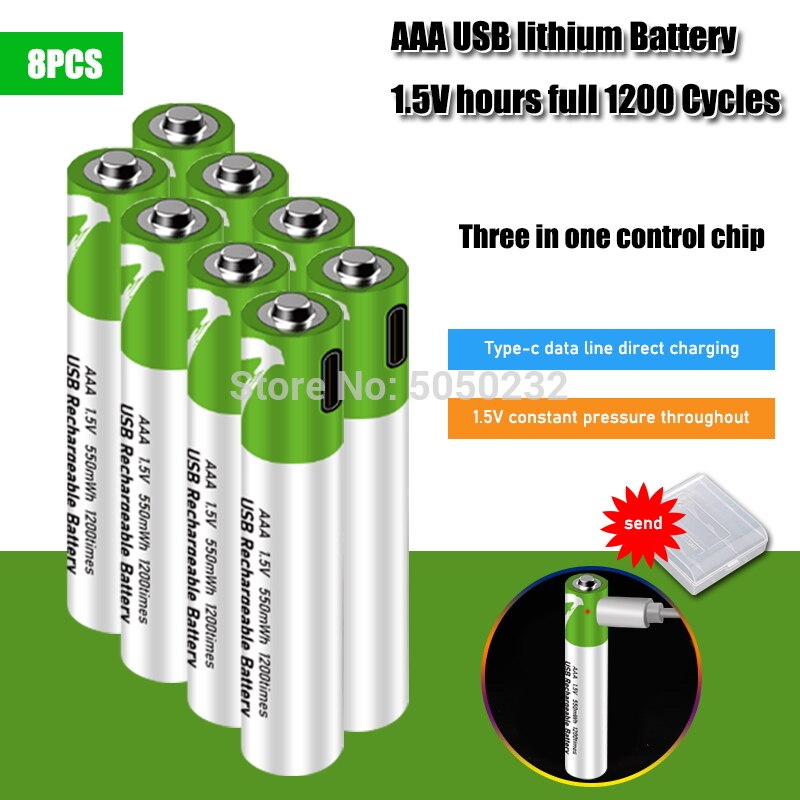 AAA Rechargeable Batteries - 1.5V 550mWh USB Li-Ion - Pack of 4, 8, 12, or 20: 8 pcs