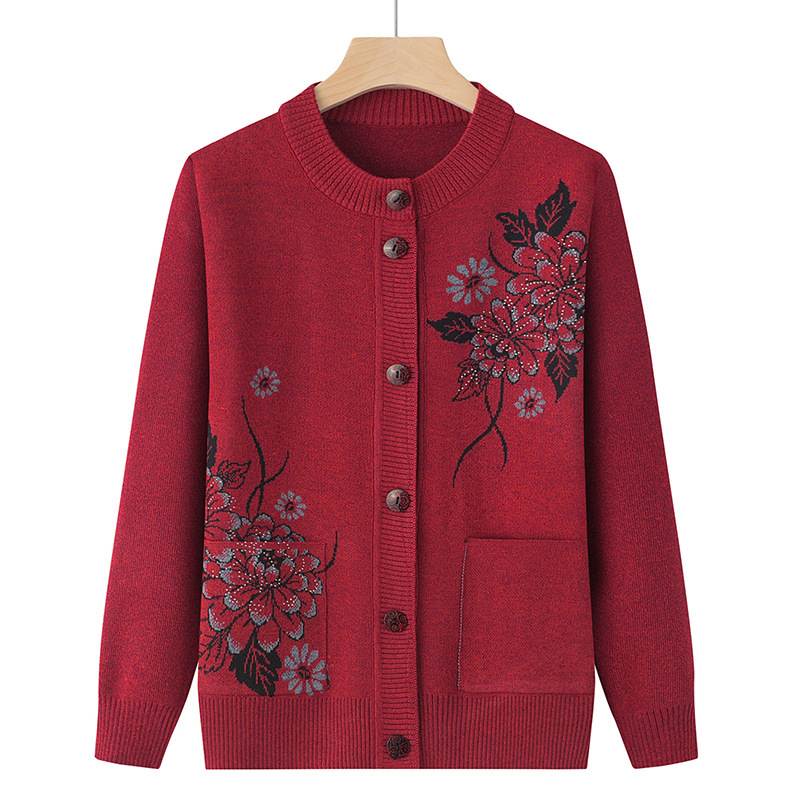 Korean Women's Clothes Knit Woolen Printed Cardigan Coat Middle Aged Mother Knitwear Tops Vintage Grandma Sweater Jacket: 4XL / Burgundy
