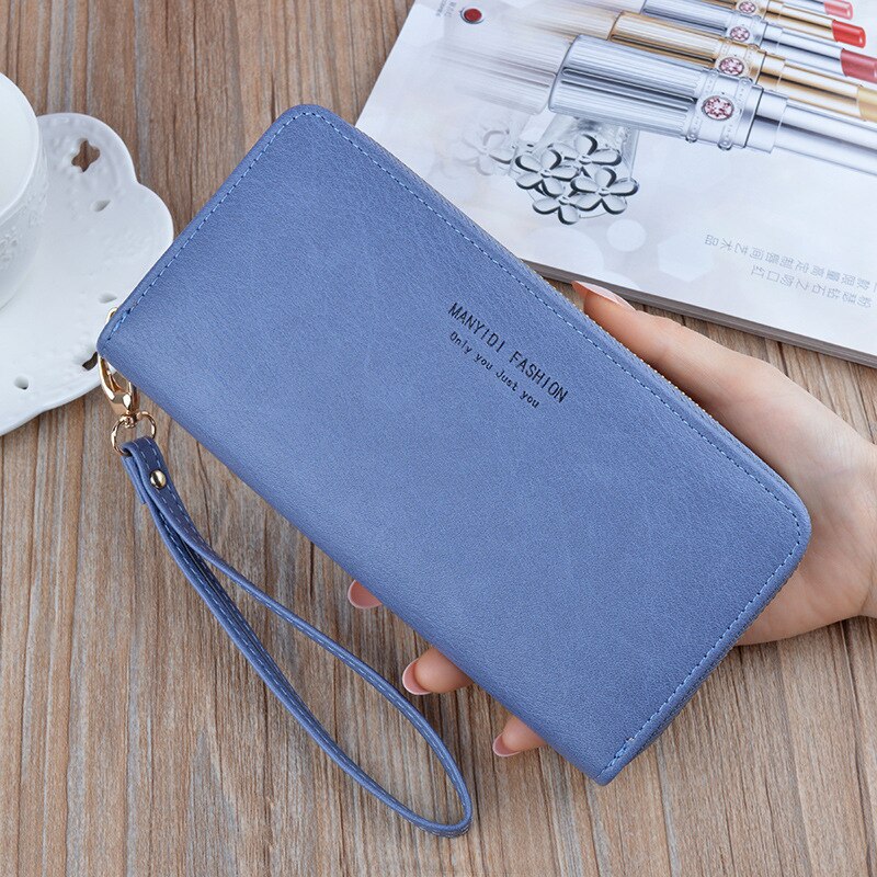 Large Capacity Women's Long Soft Leather Wallet Zipper Clutch Ladies Simple Retro Mother Mobile Phone Bag Standard Wallets: Blue