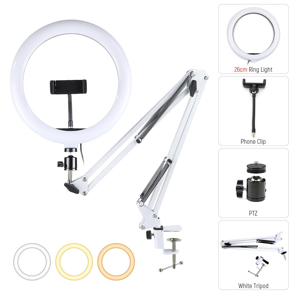 Led Ring Licht Dimbare Selfie Lamp Met Witte Lange Arm Statief Houder Stand Voor Video Live Telefoon Studio Fotografie Verlichting kit