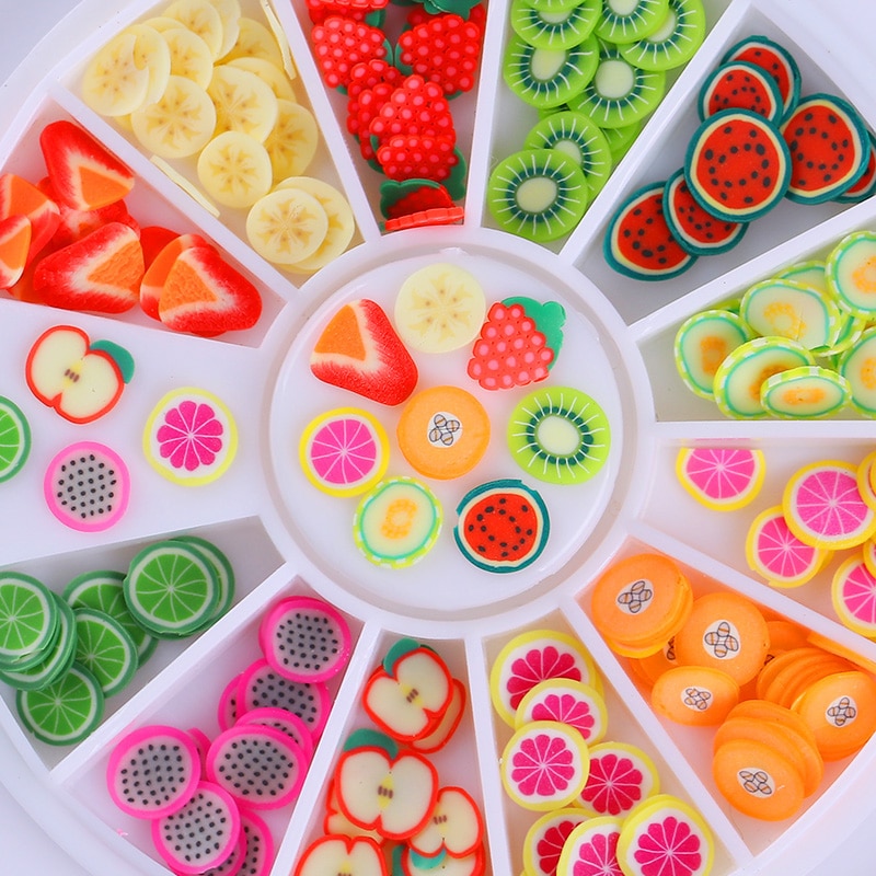 Décoration pour les ongles fruits 3D, 12 motifs/boîte, joli pastèque, Orange et fraise, coloré et brillant