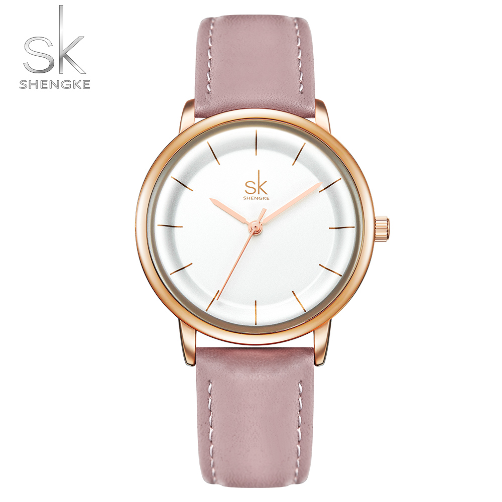 Shengke – montre-bracelet en cuir pour femmes, Simple, à la , à Quartz, étanche, pour filles: pink