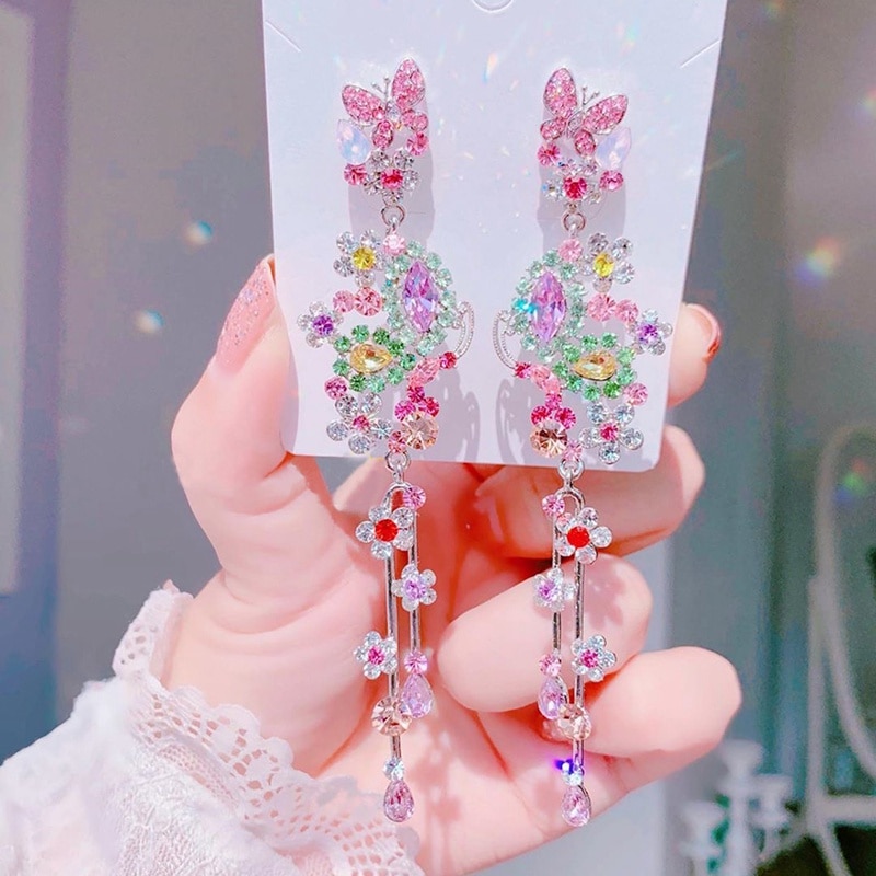 Mengjiqiao Koreaanse Paleis Zilveren Kleur Luxe Flower Butterfly Crystal Lange Dangle Oorbellen Voor Vrouwen Elegante Partij Sieraden