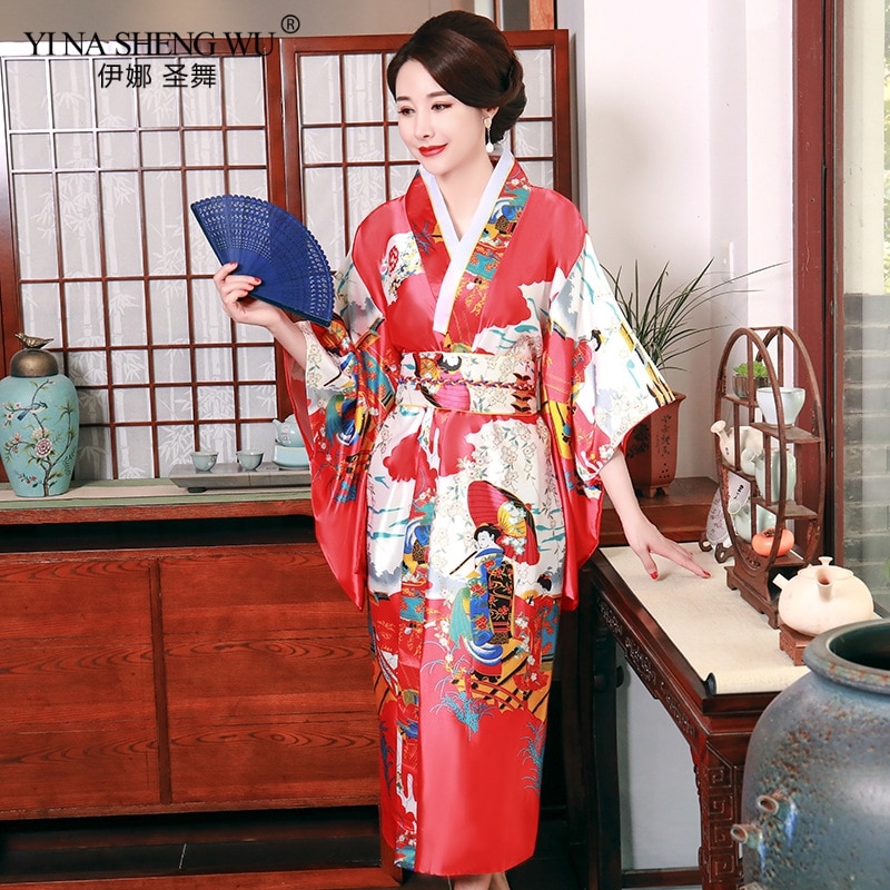 Kimono japonés mujer verano ropa de ocio Kimono Albornoz estampado de satén mujeres estilo largo traje de Cosplay japonés tamaño libre