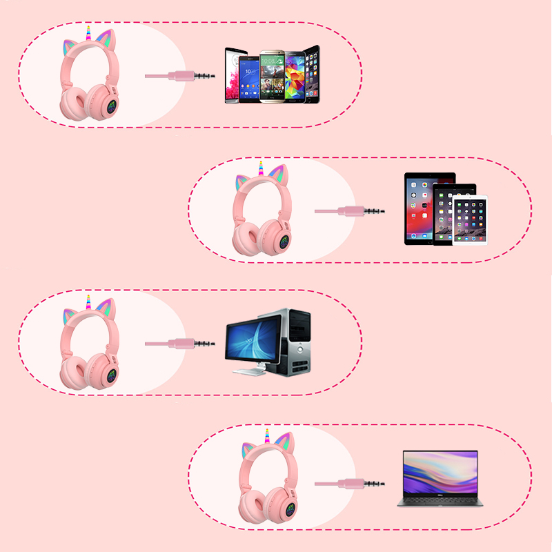Söta enhörning trådlösa hörlurar med mikrofoner, styr rgb ljus barn tjejer musik stereo hjälm mobiltelefon headset