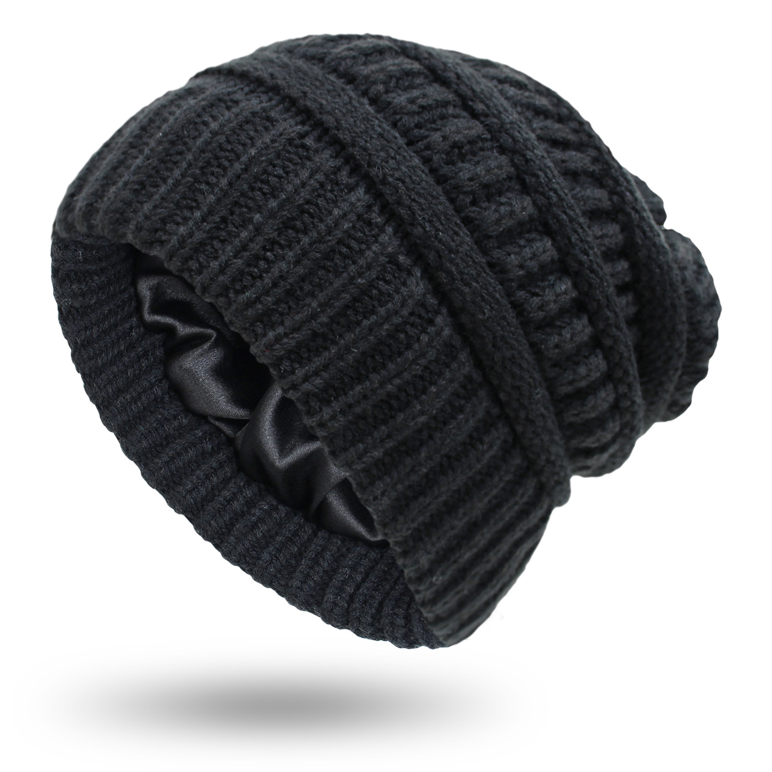 Gorro de punto cálido para mujer, gorro de punto con forro de seda satinada, gorro grueso y holgado con calavera, 9 colores, de invierno, 2022