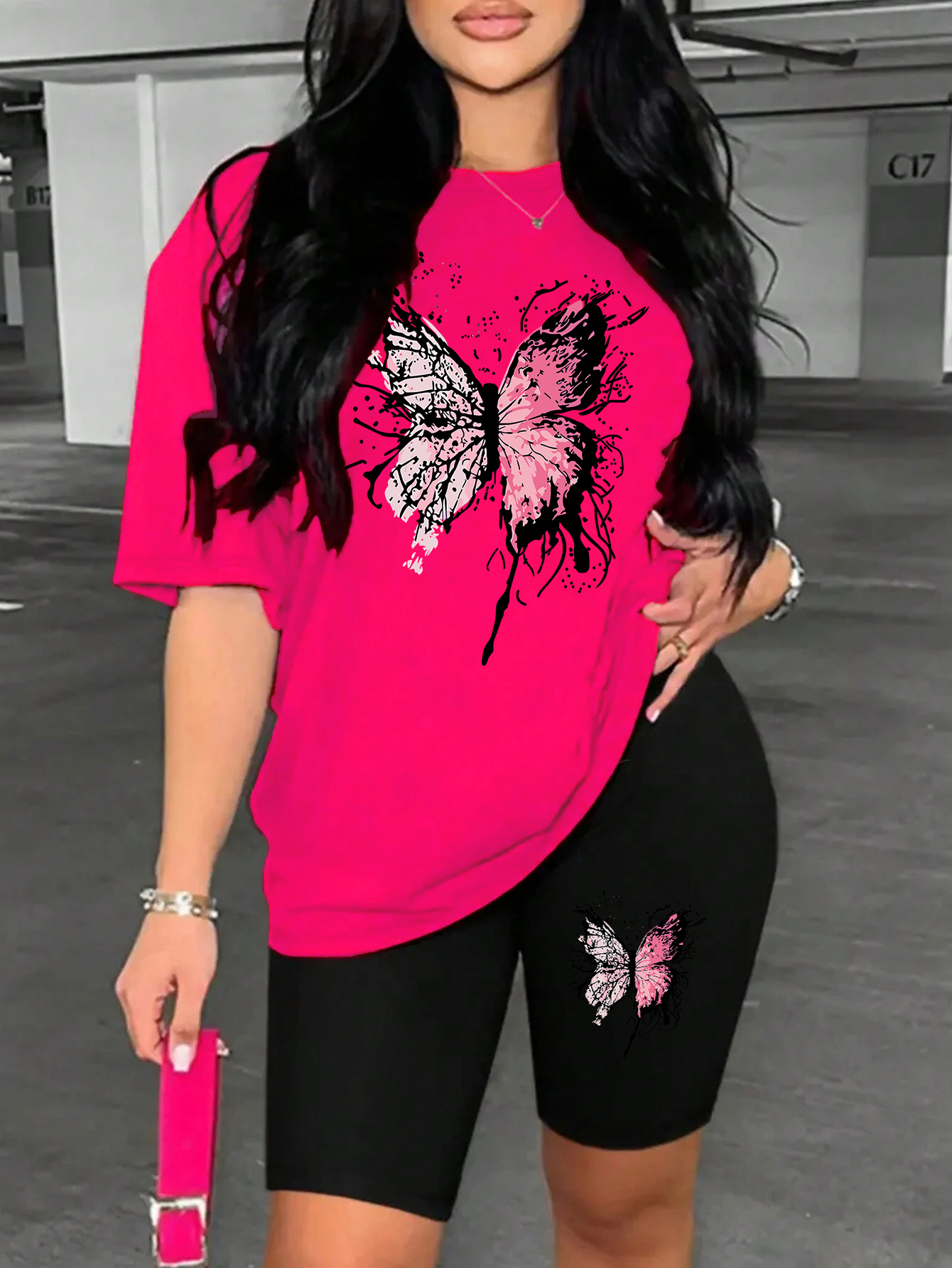 Beautiful Butterfly Pattern Print For Women Short Sleeved Shorts Set Soft Essential Two Piece Set Sports Comfortable Shorts Sets: S / Light Green