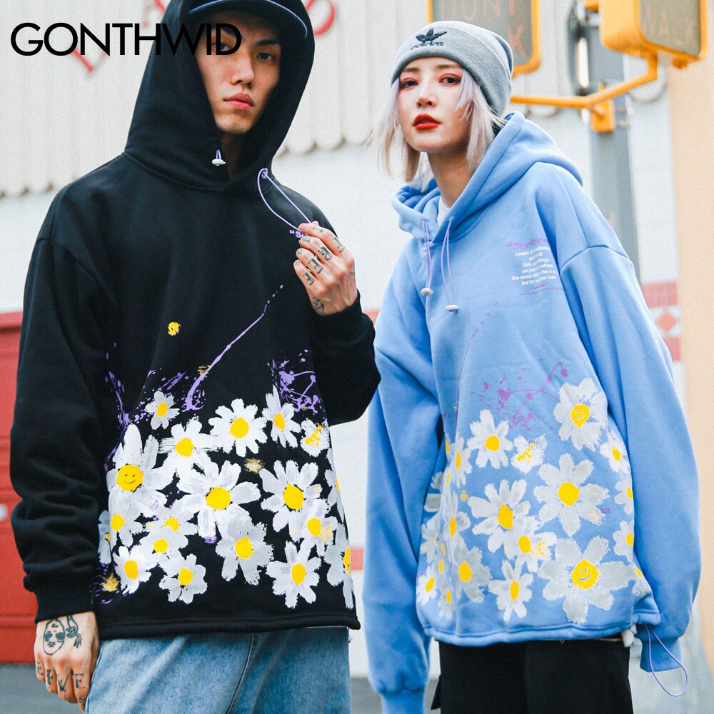 GONTHWID Graffiti Daisy Flowers Floral Print Fleece Hoodies Sweatshirts Mens Harajuku Casual Loose Hooded Tops Outwear Male