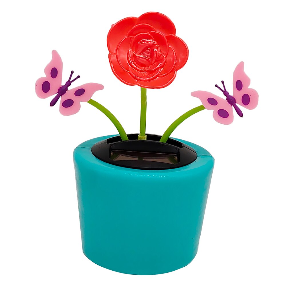Zonne-energie Blue Bloempot Rose Vlinder Swing Plant Doll Ornament Auto Dashboard Home Decoratie