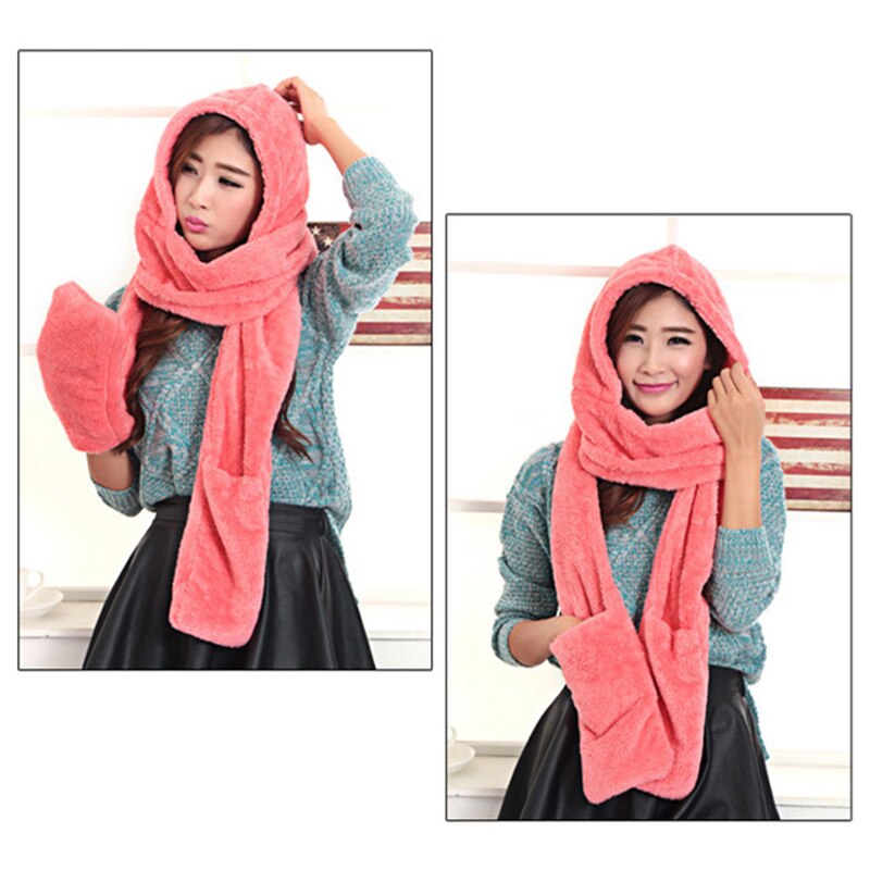 3 in 1 Women Warm Hood Scarf Snood Pocket Gloves Hat Comfortable Warm for Winter Outdoor Sets-B5: Watermelon red