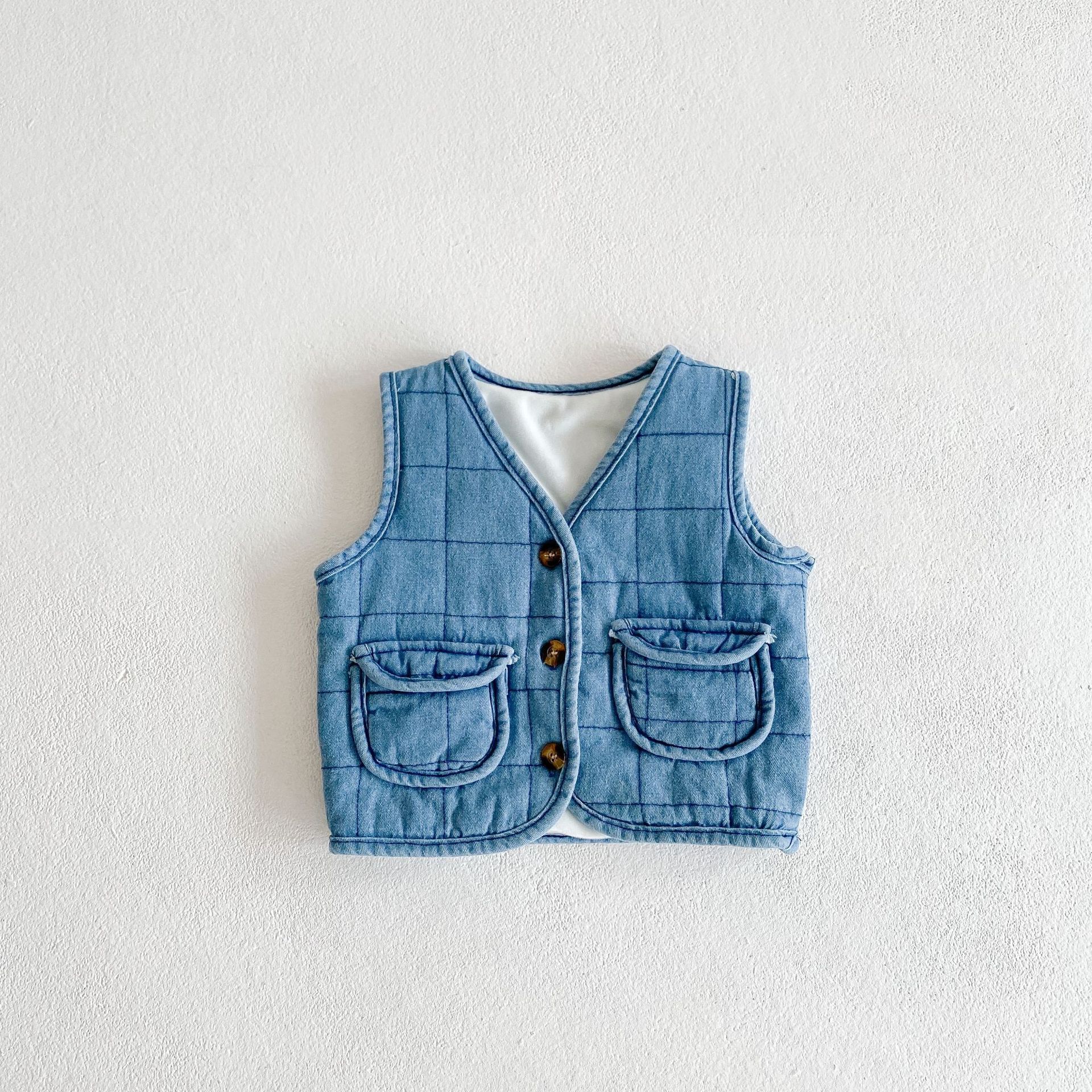 Winter Baby Meisje Plus Fluwelen Dikke Lange Mouwen T-shirts Mode Meisjes Revers Shirts Effen Baby Katoenen Dieptepunt tops: dark blue vest / 24M  90cm