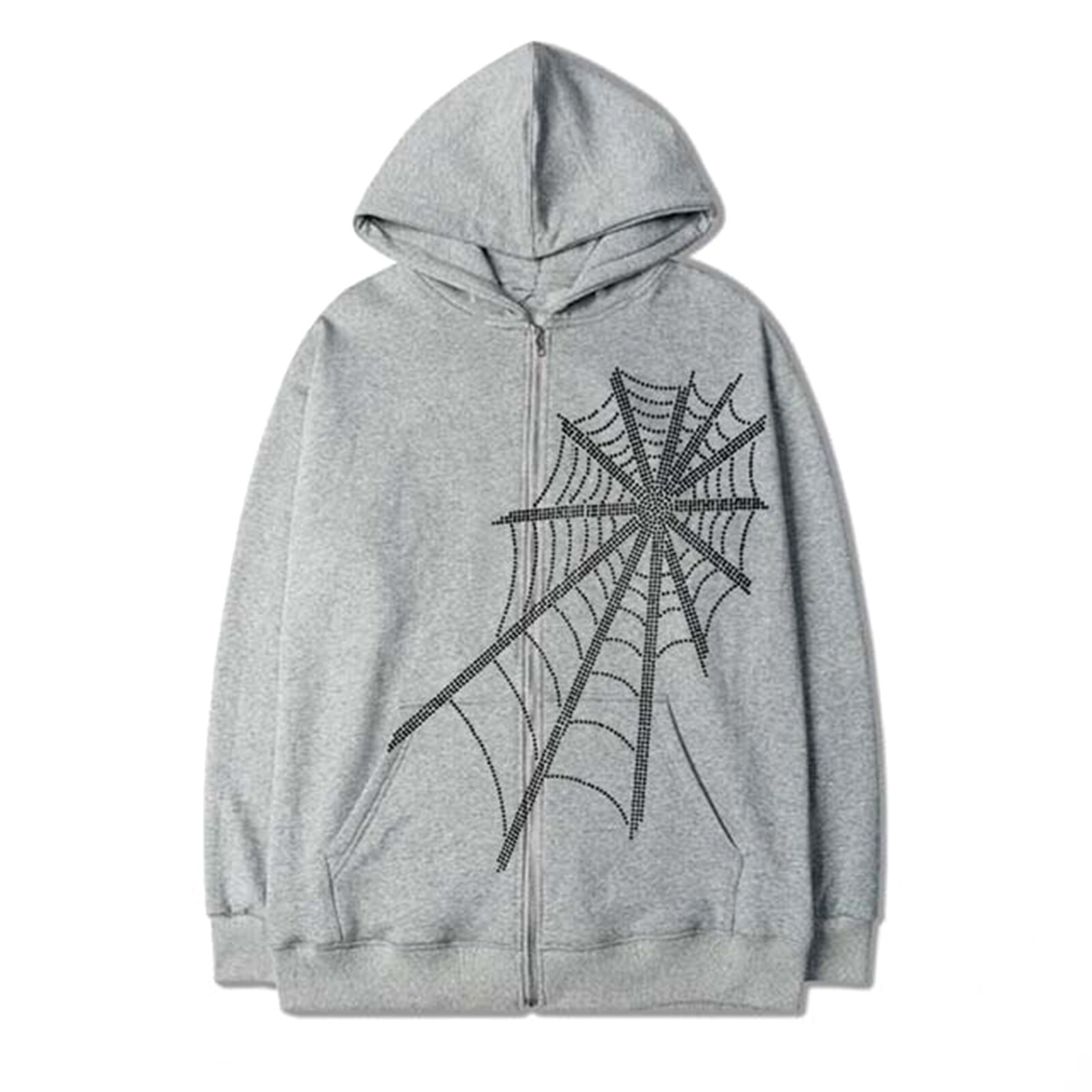 Women Hooded Sweater Adults Rhinestone Spider Web Pattern Long Sleeve Zipper Cardigan with Pocket: S / Gray