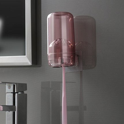Cup With 3 Toothbrush Holder Toothpaste Shaver Shelf Plastic Wall Mounted Rack Fittings For Bathroom Accessories: Rack with Cup-pink