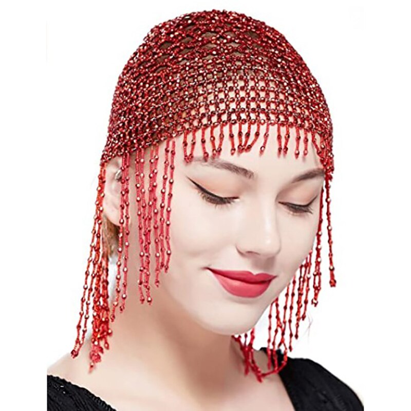 Feecolor 1920s klapper hat retro stil brølende 20s perler eksotiske cleopatra mavedans hovedbeklædning: Rød