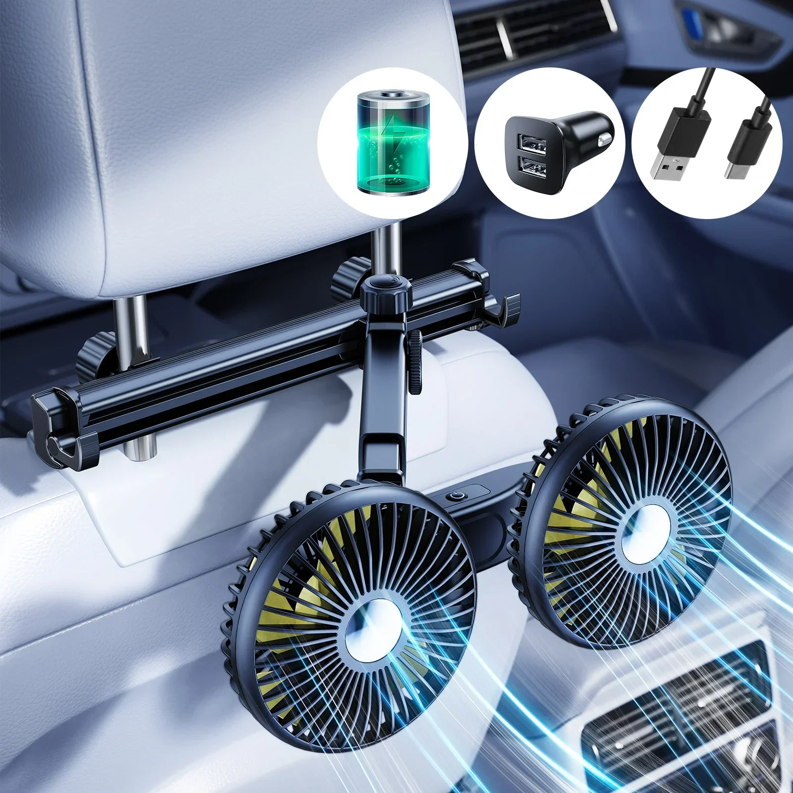 Eary Dual Head Fan Car Backseat Cooling Fan Summer Car Accessories 360° Rotation Cooler Car USB Charge Air Condition Cold Fans: Multi-Colored