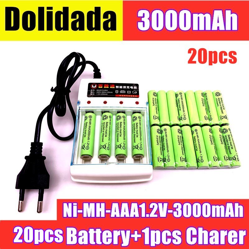 AAA battery 3000 mAh Rechargeable battery NI-MH 1.2 V AAA battery for Clocks, mice, computers, toys so on,Battery+Charger: Yellow