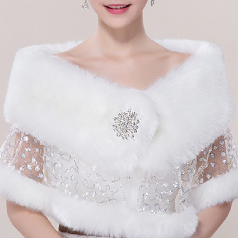 Bruid Bruiloft Sjaal Herfst Winter Pluche Kant Strass Sjaals Cape Sjaal