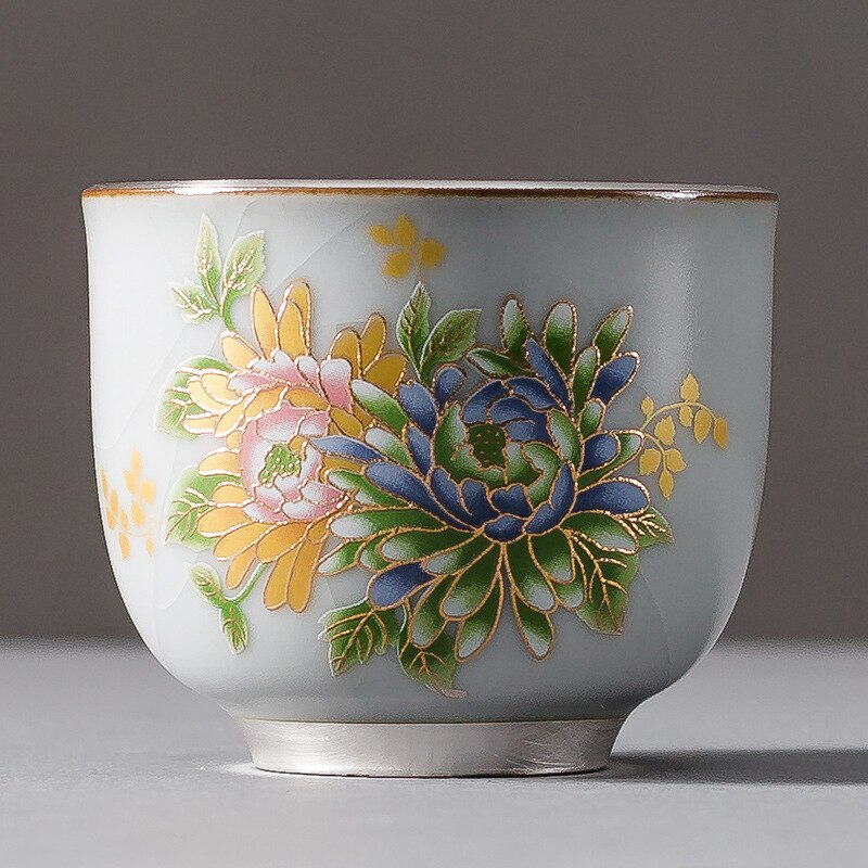 Taza de té dorada de plata 999, vaso Maestro de cerámica, flor a la parrilla, lámina dorada, taza de té Kung Fu: E
