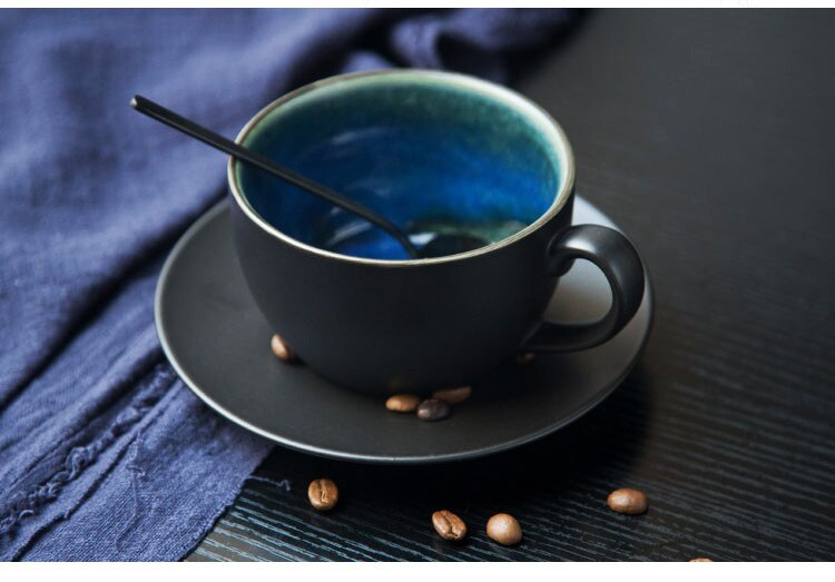 Blue Black Luxury Ceramic Coffee Cup and Saucer Set Cappuccino Coffee Cup Filizanki Do Kawy Mug BD50CS