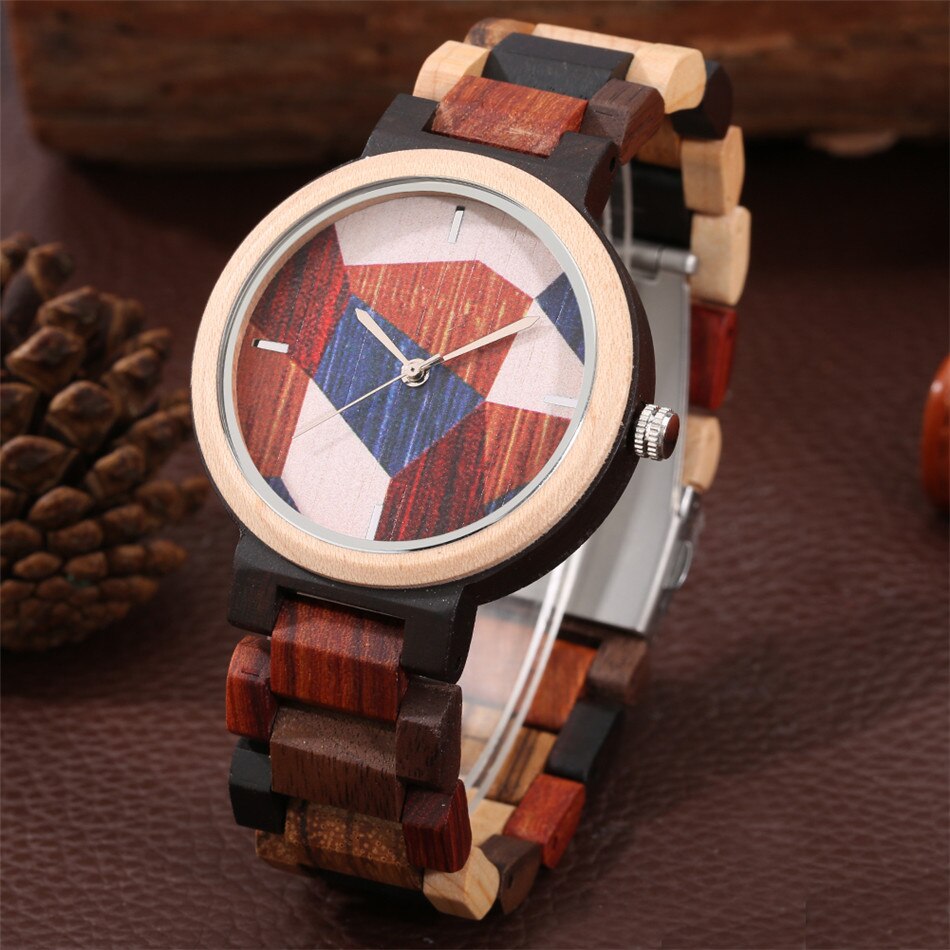 Gemengde Gekleurde Volledige Houten Mannen Horloge Chic Onregelmatige Patroon Ronde Dial Quartz Horloge Heren Hout Bangle Horloge Vouwsluiting