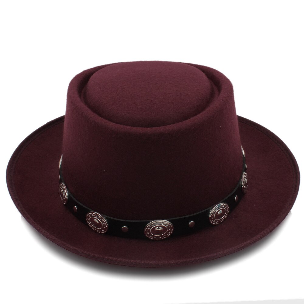 Vrouwen Pork Pie Hoed Vader Wol Platte Fedora Hoed voor Dame Koningin Gambler Schipper Trilby Hoed Hoed Maat 58 cm: Wine red