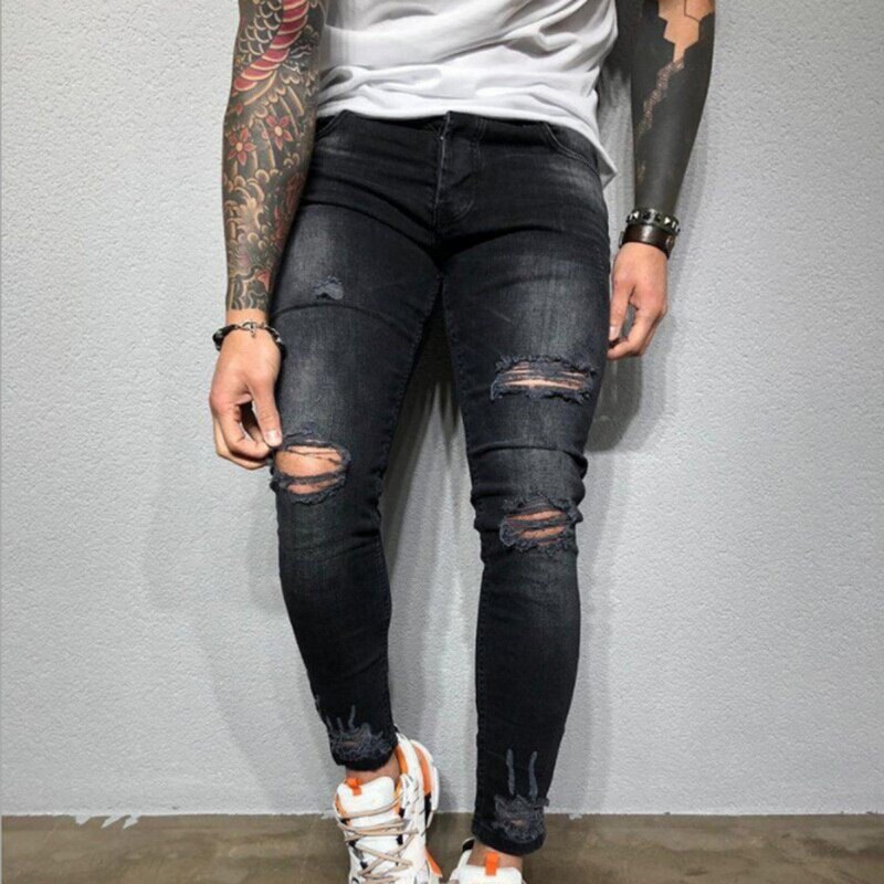 Men Stretchy Ripped Skinny Biker Print Jeans Destroyed Hole Taped Slim Fit Black Denim Scratched Autumn Jean