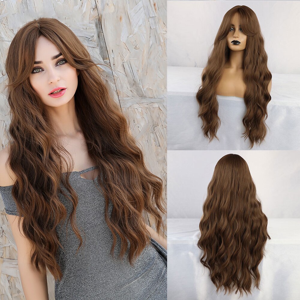 JONRENAU Synthetic Dark Brown Long Wavy Hair Wigs with Side Bangs Heat Resistant Fiber Wigs for White Black Women