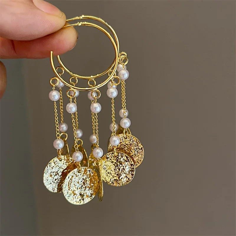 Pendientes largos de ojos grandes exagerados de estilo francés, pendientes de gotas de agua con perlas a la: Oro oscuro