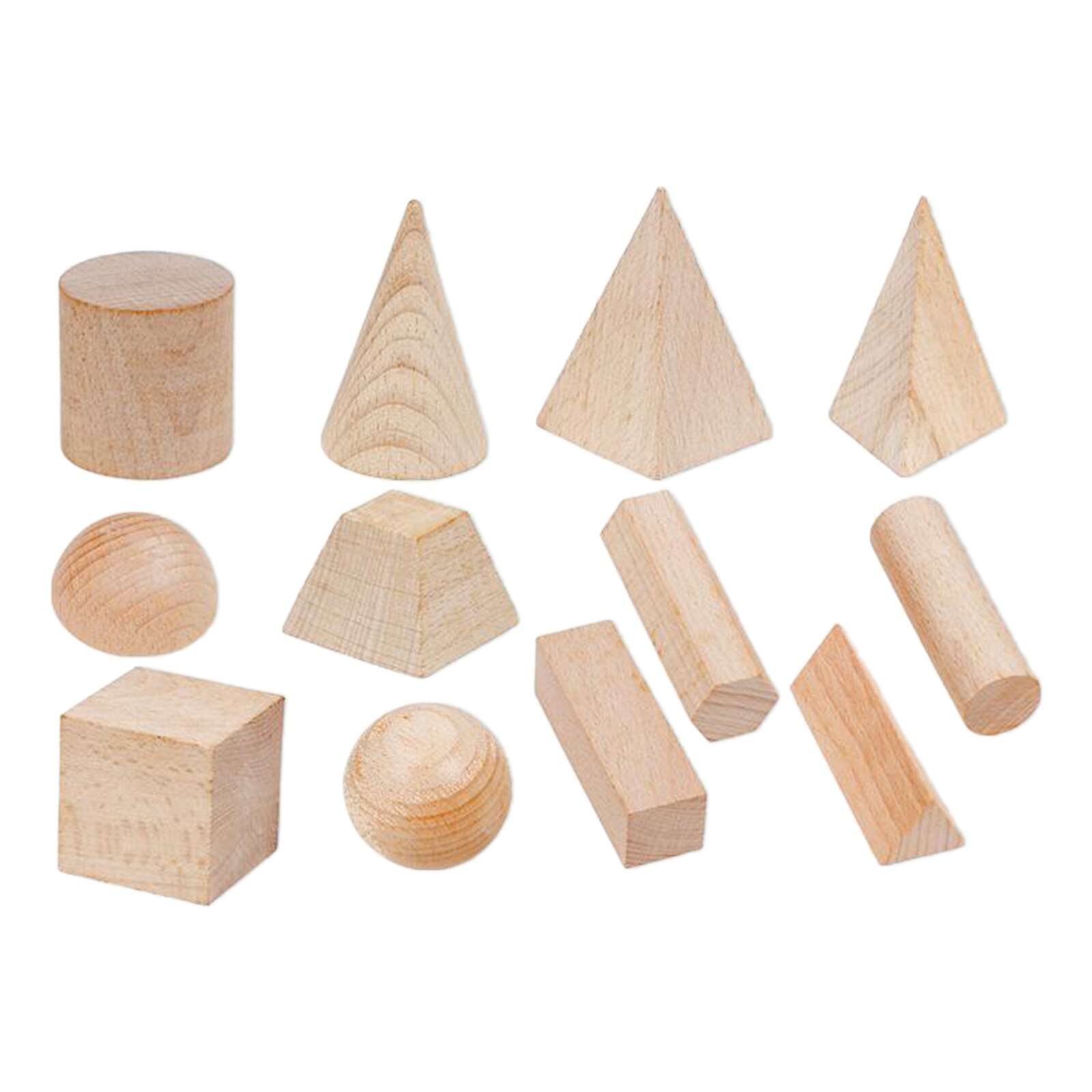 12 pz/set Fine di Legno Blocchi di Forma Geometrica di Colore Naturale di Matematica di Compleanno Per Bambini Giocattolo Regalo di Mezza Età 3 +