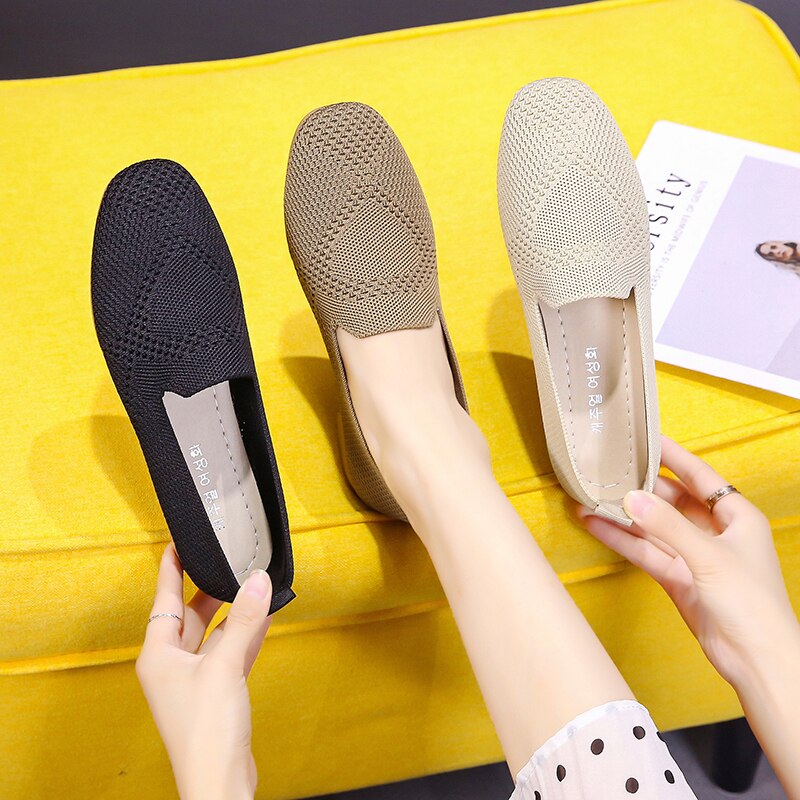 Chaussures coréennes à tricoter chaussures plates doux bout carré bouche peu profonde ballerines femme décontracté femme baskets dames chaussures Modis Ba