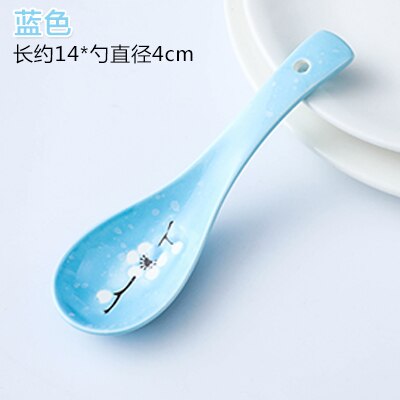 Cherry blossoms Ceramic Spoon Kitchen Accessories 14cm Cookware Tool Japanese Cooking Rice Soup Kitchenware Damaged Claim: 1PC-Blue