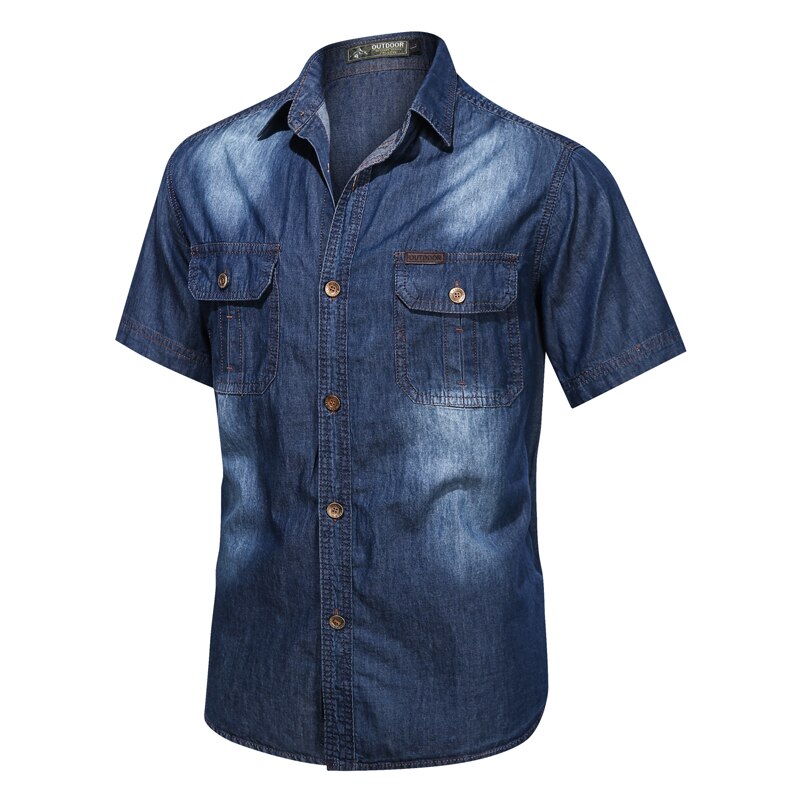 Camisa vaquera ajustada para hombre, camisa de manga corta azul, uniforme de , de negocios, estilo informal, verano,: Mg5010darkblue / Paquete de 1