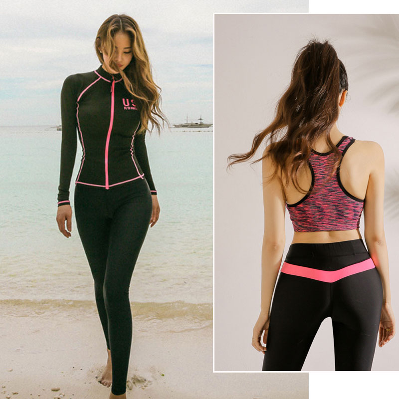 Vrouwen 4 stuk Rash Guards & Bikini Set Rits Lange Mouw/Legginggs Full Body Dive Skin yoga Pakken Zwemkleding Zon Pak