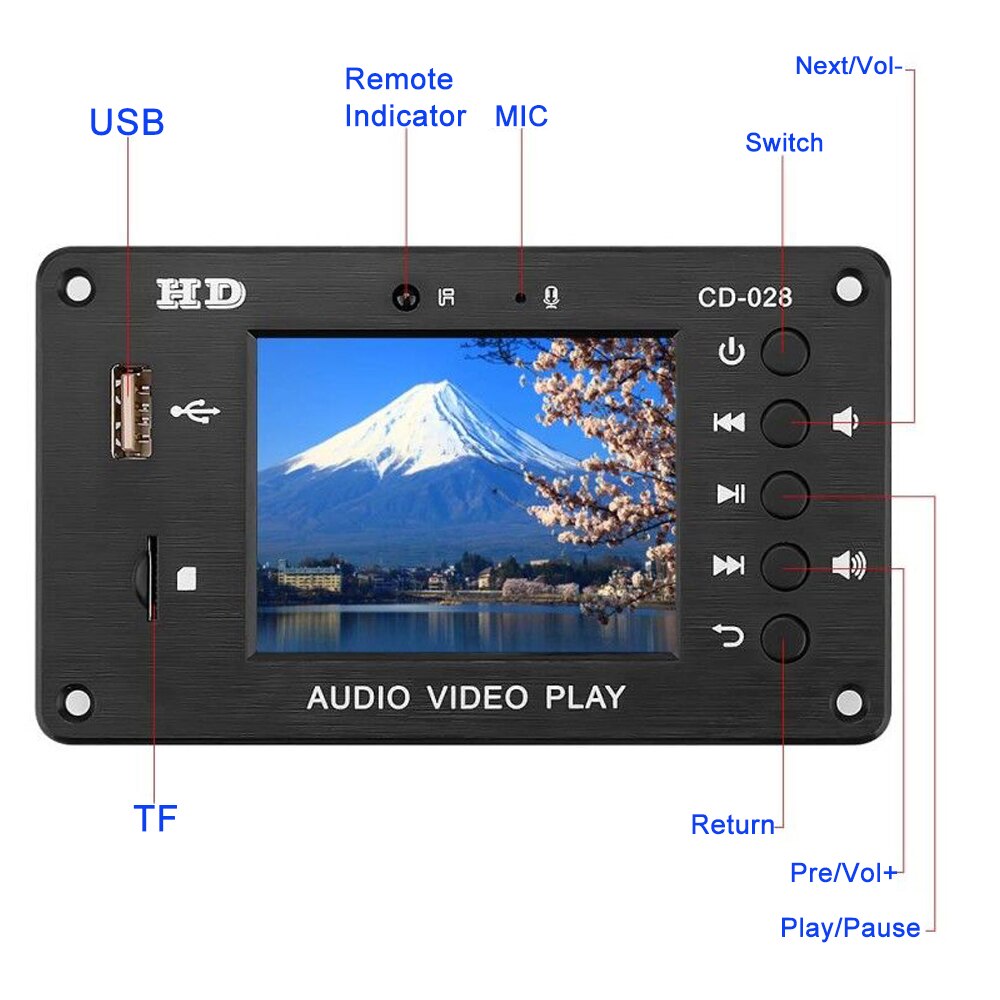 Tenghong-REPRODUCTOR decodificador MP3 Bluetooth 5,0, 2,8 pulgadas, HD, 7-24V, módulo de decodificación de vídeo Multimedia, AUX, USB, tarjeta TF, amplificadores de sonido DIY