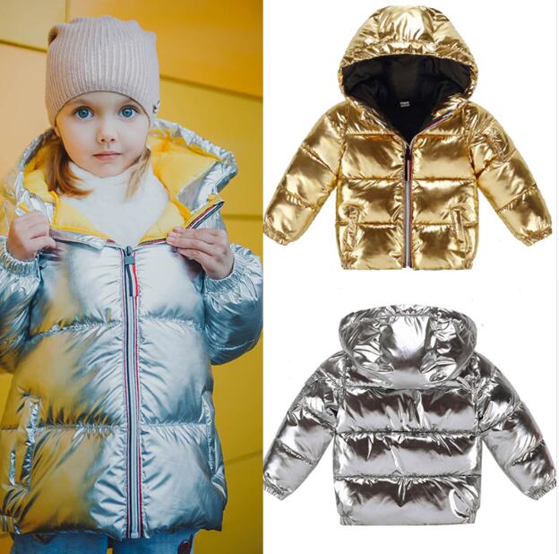Barn vinterjacka för barn flickor silver guld pojkar casual huva kappa babykläder ytterkläder barn parka jacka snödräkt
