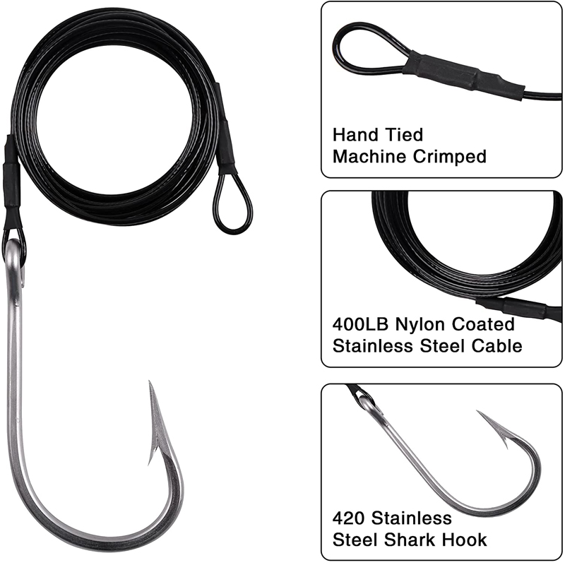 1pcs Shark Fishing Rigs Tuna Fishing Hooks with 9.8ft Nylon Coated Cable Leader(380-400LB) Deep Sea Hooks for Big Fish Tools